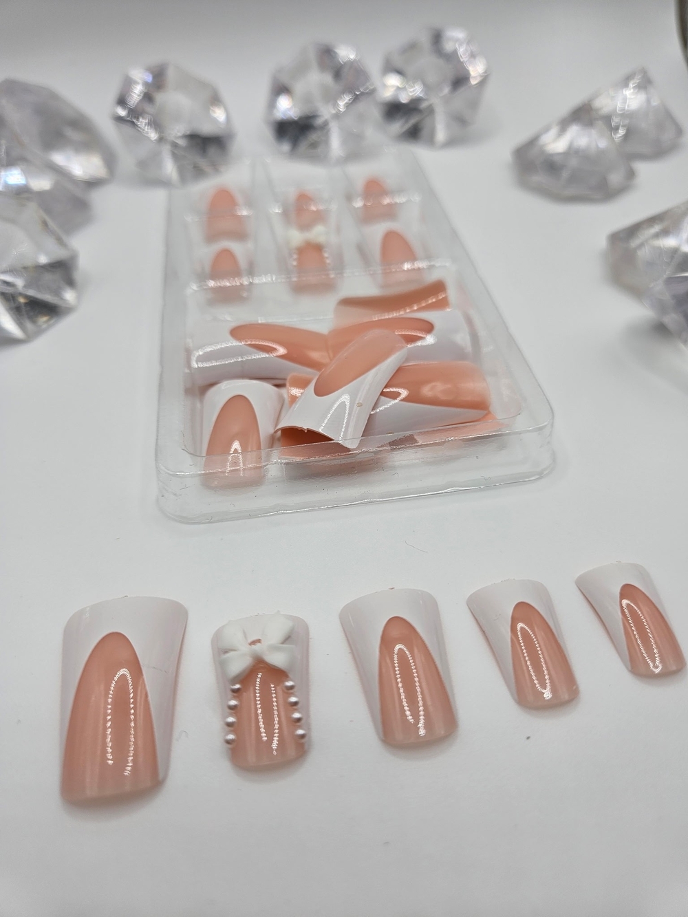 Peach & White French Tip Duck Bill Press-On Nail Set with 3D Bow Accent